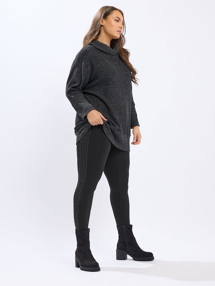 Yours Curve Black Diamante Side Stripe Leggings - Image 2 of 5 Yours Curve Black Diamante Side Stripe Leggings - Image 2 of 5