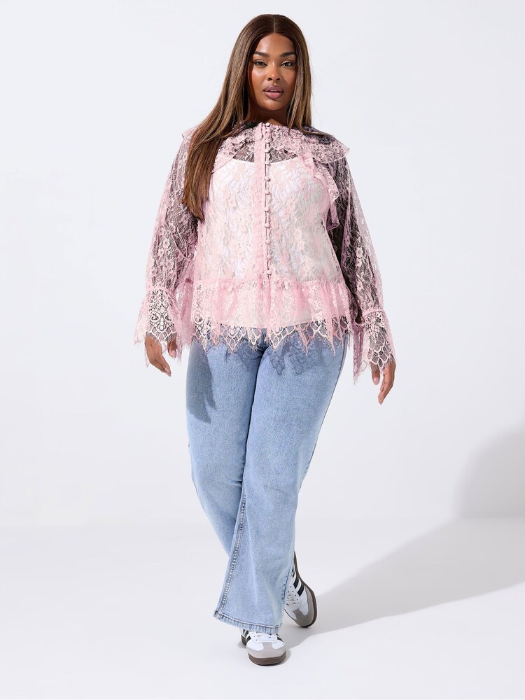Yours Curve Pink Limited Lace Frill Blouse - Image 2 of 5 Yours Curve Pink Limited Lace Frill Blouse - Image 2 of 5