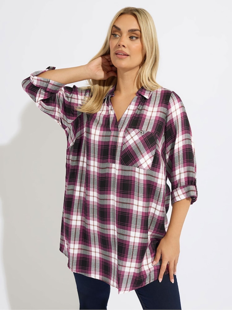 Yours Curve Black Viscose Overhead Check Shirt - Image 1 of 5