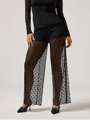 PixieGirl Petite Black Spot Mesh Wide Leg Trousers - Image 2 of 5