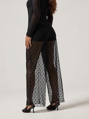 PixieGirl Petite Black Spot Mesh Wide Leg Trousers - Image 3 of 5