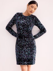 Ro&Zo Blue Petite Cluster Sequin Long Sleeve Short Dress - Image 1 of 3