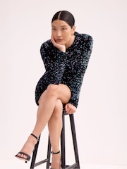 Ro&Zo Blue Petite Cluster Sequin Long Sleeve Short Dress - Image 2 of 3