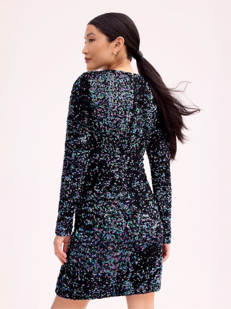 Ro&Zo Blue Petite Cluster Sequin Long Sleeve Short Dress - Image 3 of 3