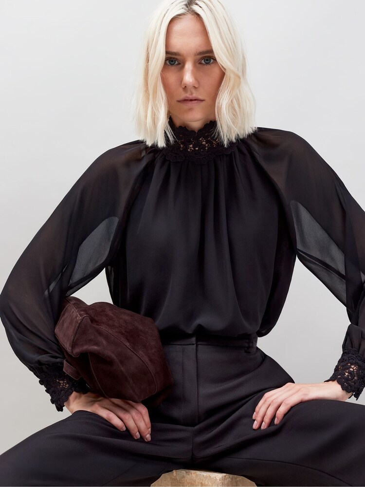 Ro&Zo Black Lace Neck And Cuff Blouse - Image 1 of 3