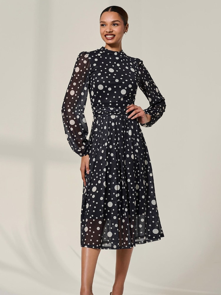 Jolie Moi Black Crew Neck Pleated Long Sleeve Midi Dress - Image 1 of 6