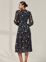 Jolie Moi Black Crew Neck Pleated Long Sleeve Midi Dress - Image 2 of 6