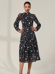 Jolie Moi Black Crew Neck Pleated Long Sleeve Midi Dress - Image 4 of 6