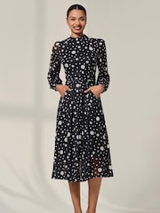 Jolie Moi Black Crew Neck Pleated Long Sleeve Midi Dress - Image 5 of 6