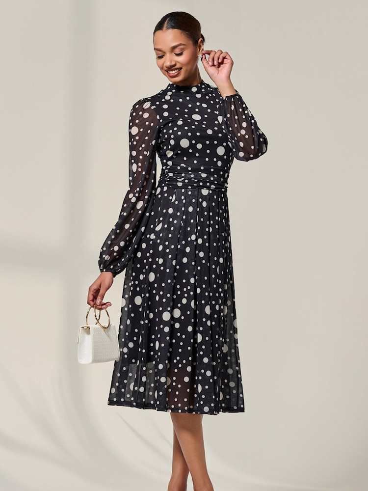 Jolie Moi Black Crew Neck Pleated Long Sleeve Midi Dress - Image 6 of 6