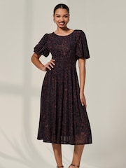 Jolie Moi Brown Puff Sleeve Mesh Midi Dress - Image 1 of 6
