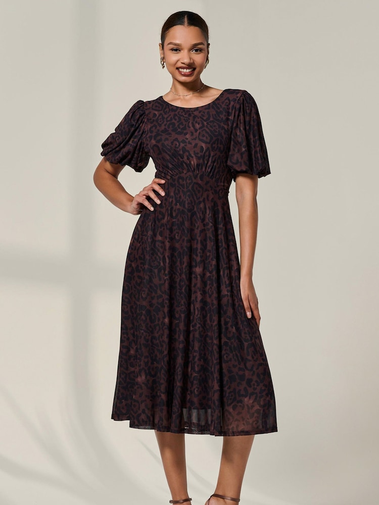 Jolie Moi Brown Puff Sleeve Mesh Midi Dress - Image 1 of 6 Jolie Moi Brown Puff Sleeve Mesh Midi Dress - Image 1 of 6