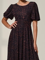 Jolie Moi Brown Puff Sleeve Mesh Midi Dress - Image 3 of 6