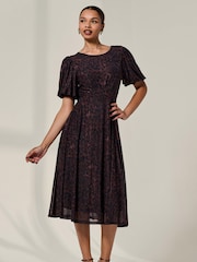 Jolie Moi Brown Puff Sleeve Mesh Midi Dress - Image 6 of 6
