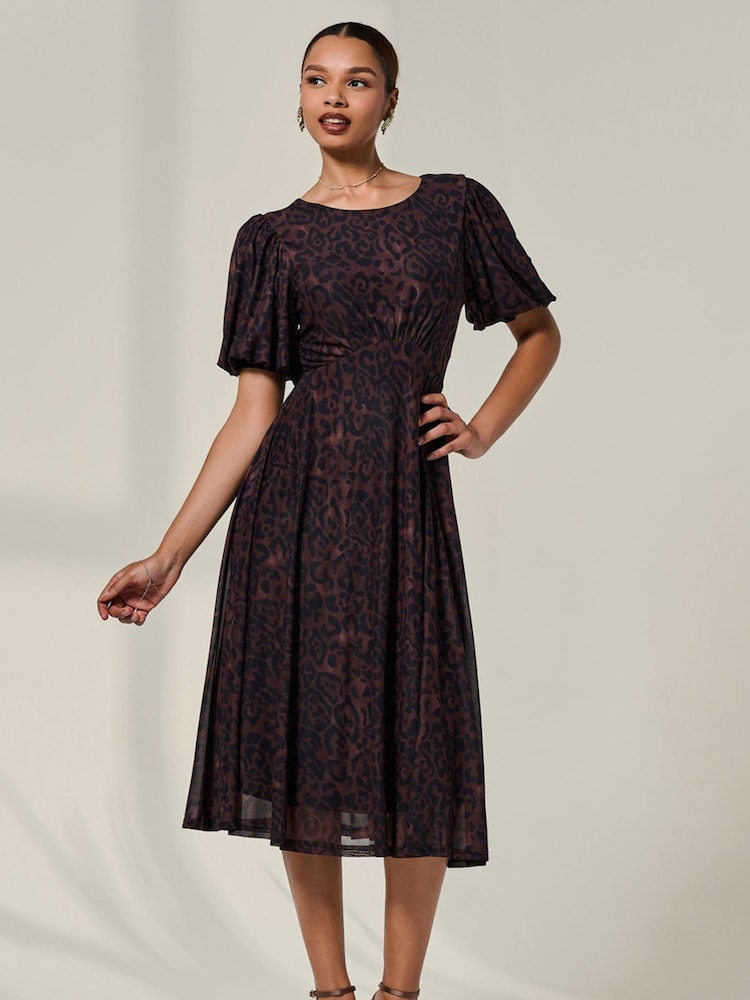 Jolie Moi Brown Puff Sleeve Mesh Midi Dress - Image 6 of 6
