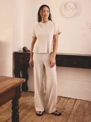 Neutral Stripe Cinched Waist Peplum Short Sleeve Pyjamas - Image 1 of 8