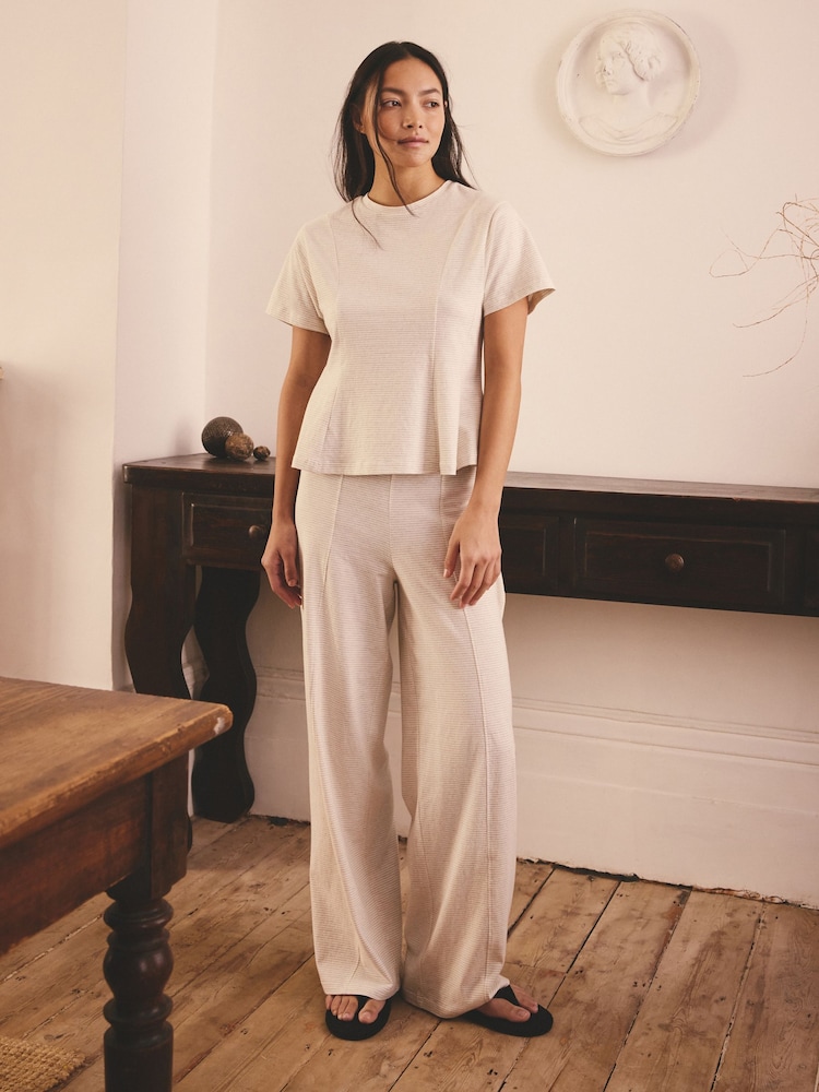 Neutral Stripe Cinched Waist Peplum Short Sleeve Pyjamas - Image 1 of 8