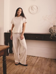 Neutral Stripe Cinched Waist Peplum Short Sleeve Pyjamas - Image 2 of 8