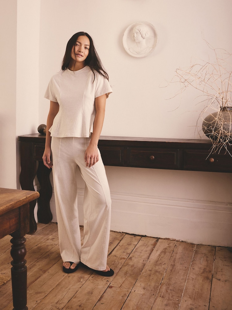 Neutral Stripe Cinched Waist Peplum Short Sleeve Pyjamas - Image 2 of 8