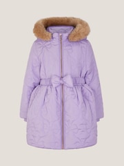 Monsoon Purple Faux Fur Hooded Bow Quilted Coat - Image 1 of 2