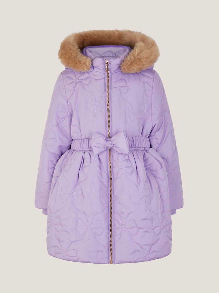 Monsoon Purple Faux Fur Hooded Bow Quilted Coat - Image 1 of 2 Monsoon Purple Faux Fur Hooded Bow Quilted Coat - Image 1 of 2