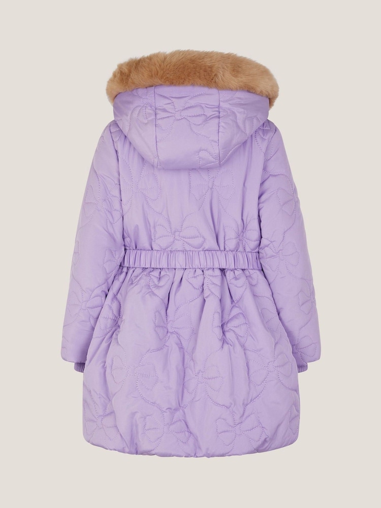 Monsoon Purple Faux Fur Hooded Bow Quilted Coat - Image 2 of 2 Monsoon Purple Faux Fur Hooded Bow Quilted Coat - Image 2 of 2