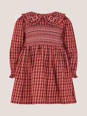 Monsoon Brown Baby Check Long Sleeve Shirred Dress - Image 1 of 3