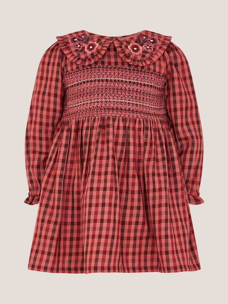 Monsoon Brown Baby Check Long Sleeve Shirred Dress - Image 1 of 3