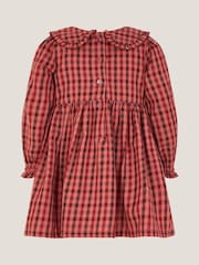 Monsoon Brown Baby Check Long Sleeve Shirred Dress - Image 2 of 3