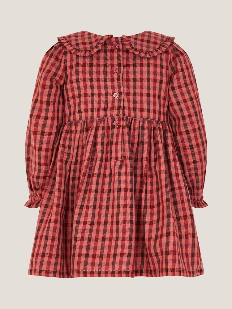 Monsoon Brown Baby Check Long Sleeve Shirred Dress - Image 2 of 3