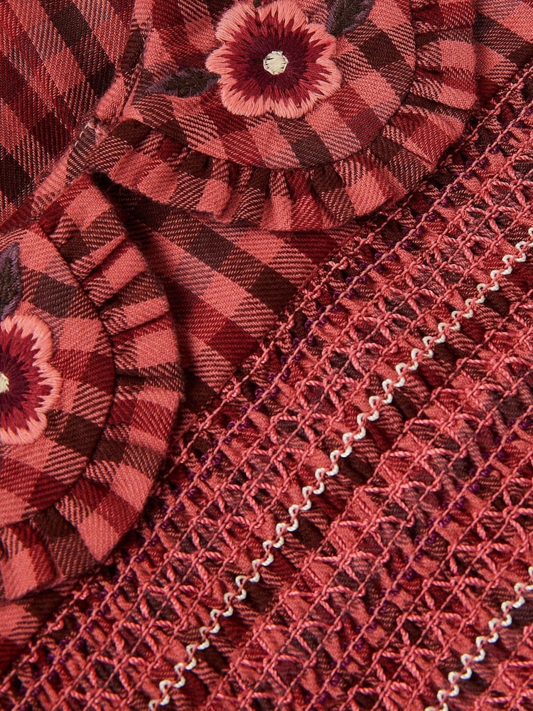 Monsoon Brown Baby Check Long Sleeve Shirred Dress - Image 3 of 3