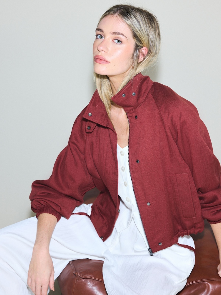 Rust Red Linen Look Funnel Neck Jacket - Image 1 of 5 Rust Red Linen Look Funnel Neck Jacket - Image 1 of 5