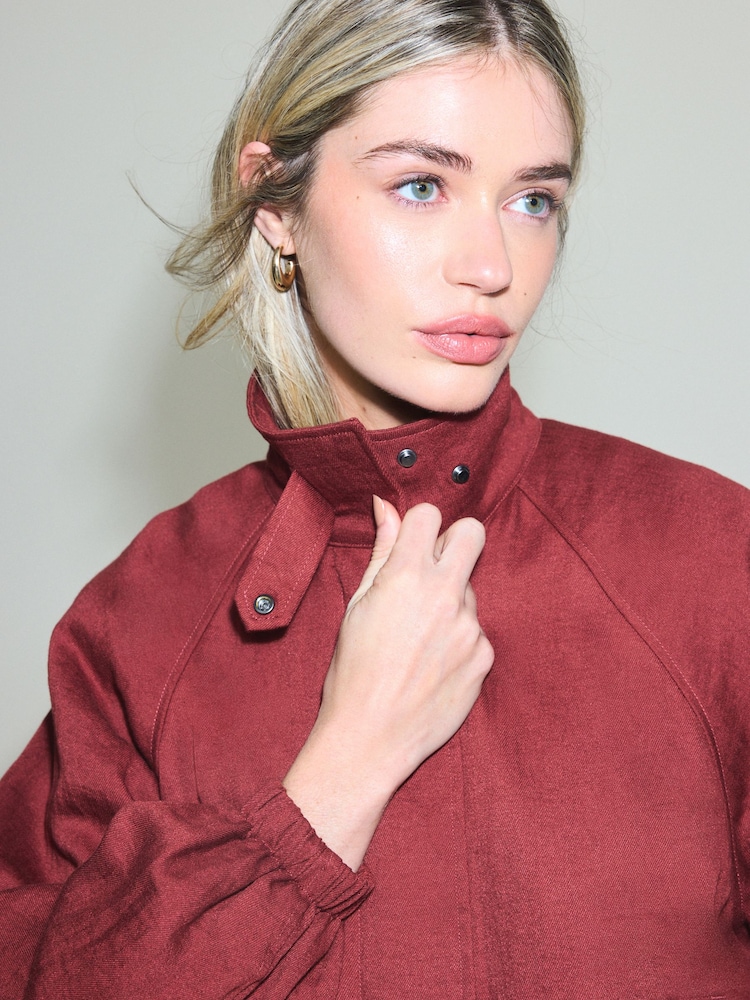 Rust Red Linen Look Funnel Neck Jacket - Image 5 of 5 Rust Red Linen Look Funnel Neck Jacket - Image 5 of 5