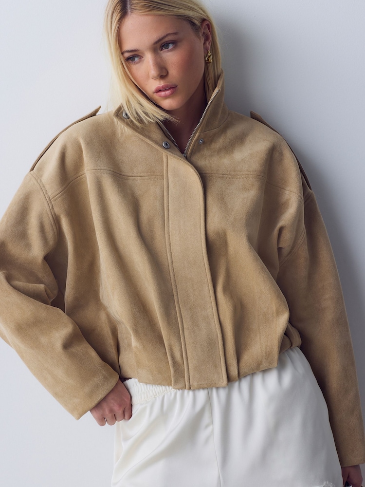 Tan Brown Faux Suede Funnel Neck Bomber Jacket - Image 1 of 6