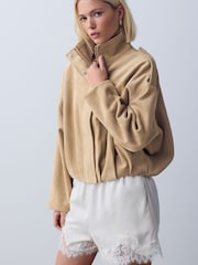 Tan Brown Faux Suede Funnel Neck Bomber Jacket - Image 2 of 6