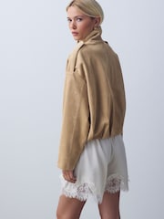 Tan Brown Faux Suede Funnel Neck Bomber Jacket - Image 3 of 6