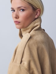 Tan Brown Faux Suede Funnel Neck Bomber Jacket - Image 4 of 6