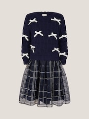 Monsoon Blue Bow Knit 2-In-1 Check Dress - Image 1 of 2