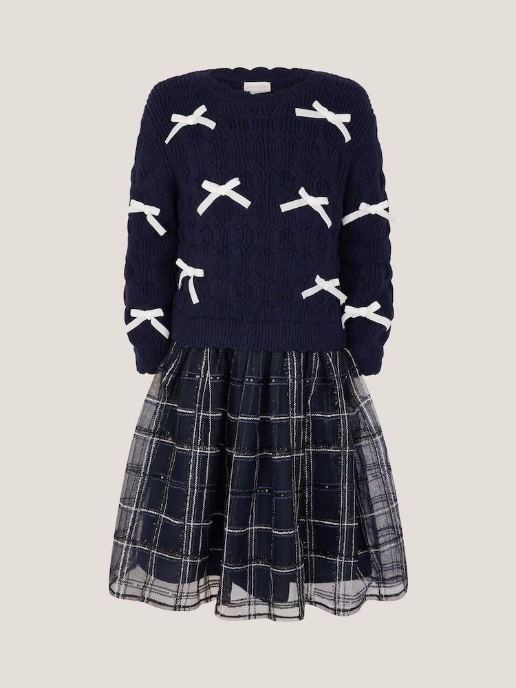 Monsoon Blue Bow Knit 2-In-1 Check Dress - Image 1 of 2