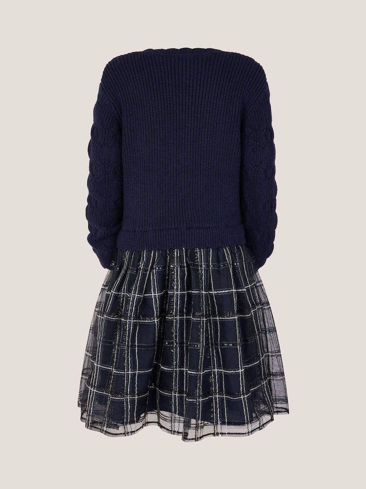 Monsoon Blue Bow Knit 2-In-1 Check Dress - Image 2 of 2 Monsoon Blue Bow Knit 2-In-1 Check Dress - Image 2 of 2