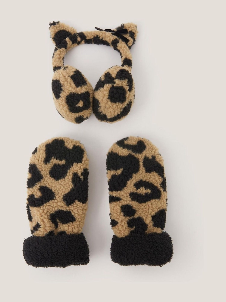 Monsoon Brown Borg Leopard Earmuff & Mitten Set - Image 1 of 2