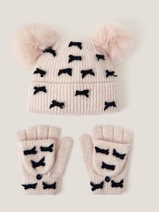 Monsoon Brown Bow Bobble Hat & Gloves Set - Image 1 of 2