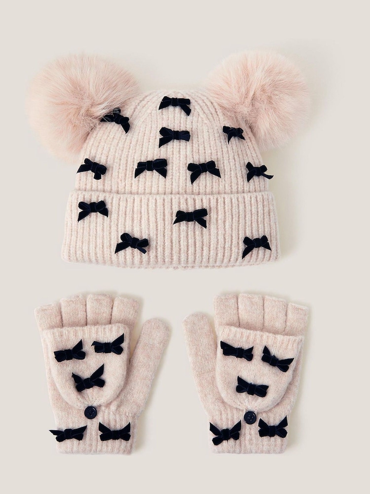 Monsoon Brown Bow Bobble Hat & Gloves Set - Image 1 of 2 Monsoon Brown Bow Bobble Hat & Gloves Set - Image 1 of 2