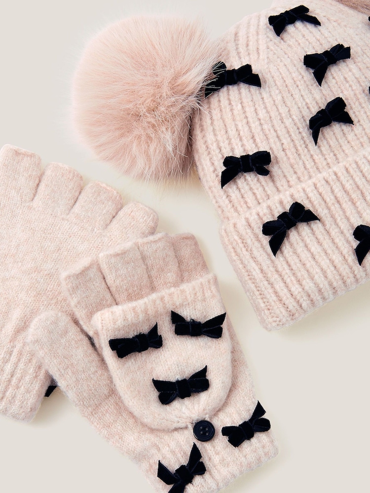 Monsoon Brown Bow Bobble Hat & Gloves Set - Image 2 of 2 Monsoon Brown Bow Bobble Hat & Gloves Set - Image 2 of 2