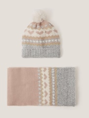 Monsoon Grey Fair Isle Pattern Heart Bobble Hat & Scarf Set - Image 1 of 2