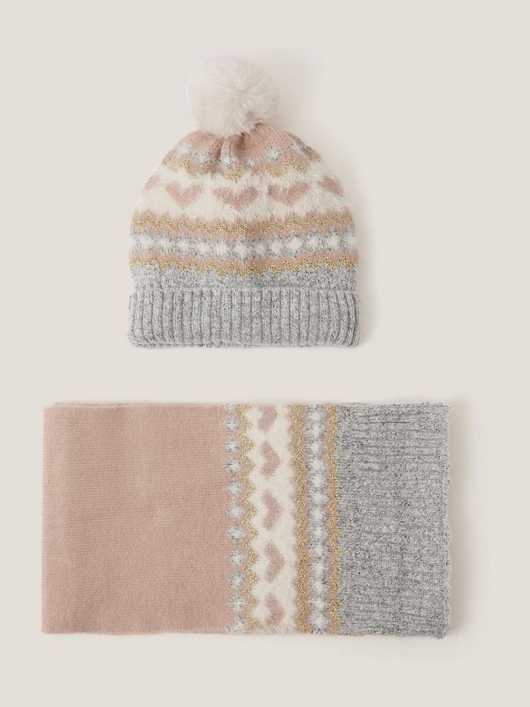 Monsoon Grey Fair Isle Pattern Heart Bobble Hat & Scarf Set - Image 1 of 2