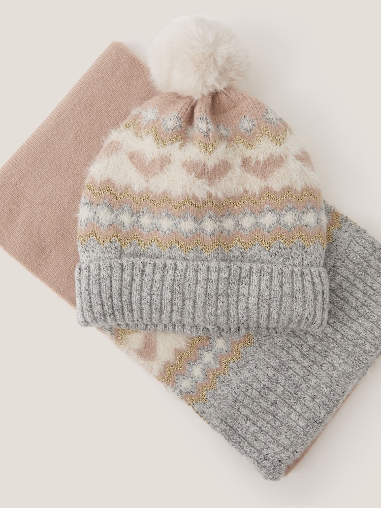 Monsoon Grey Fair Isle Pattern Heart Bobble Hat & Scarf Set - Image 2 of 2