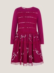 Monsoon Red Bow Embellished Jersey Tulle Dress - Image 1 of 4