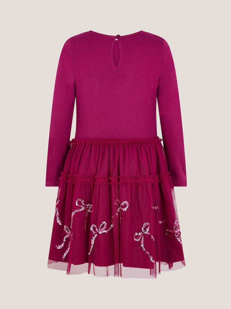 Monsoon Red Bow Embellished Jersey Tulle Dress - Image 2 of 4