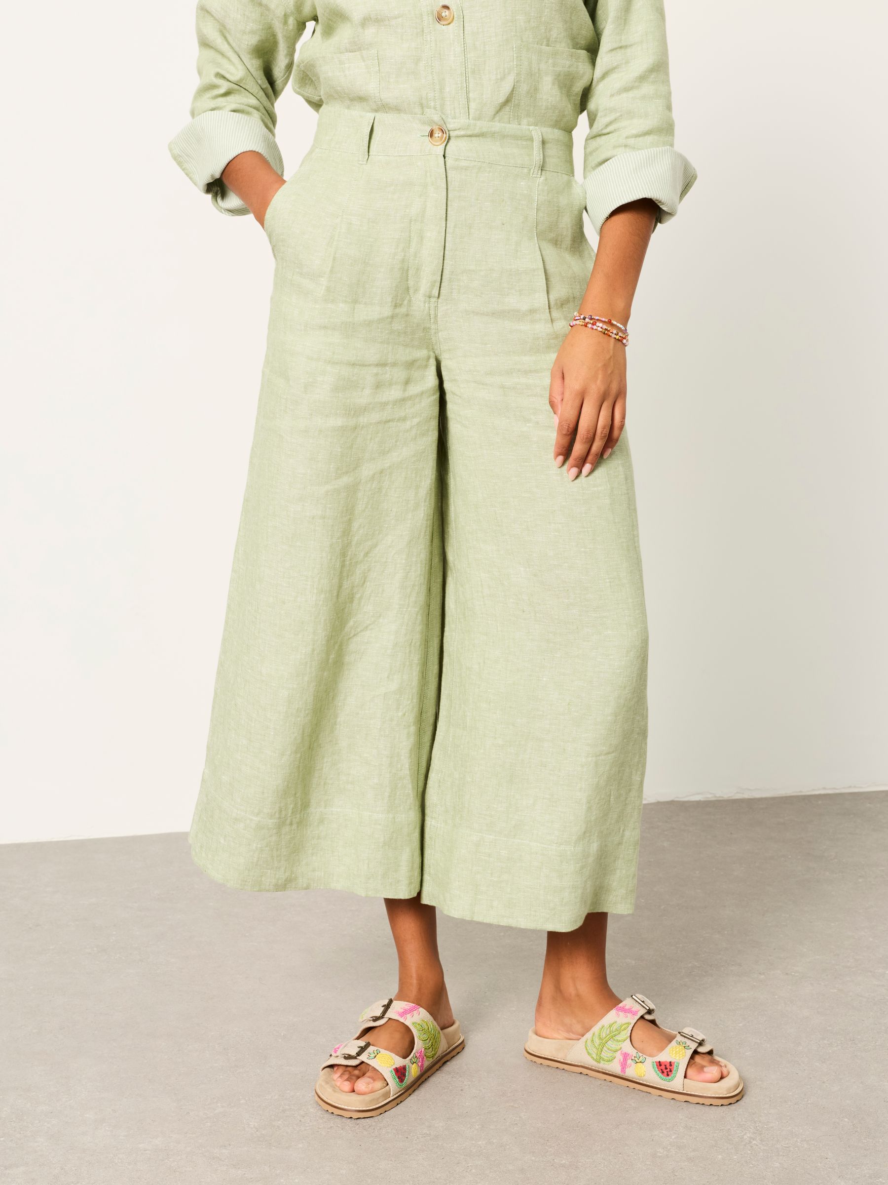 Fatface Green Anya Wide Leg Cropped 100% Linen Trousers